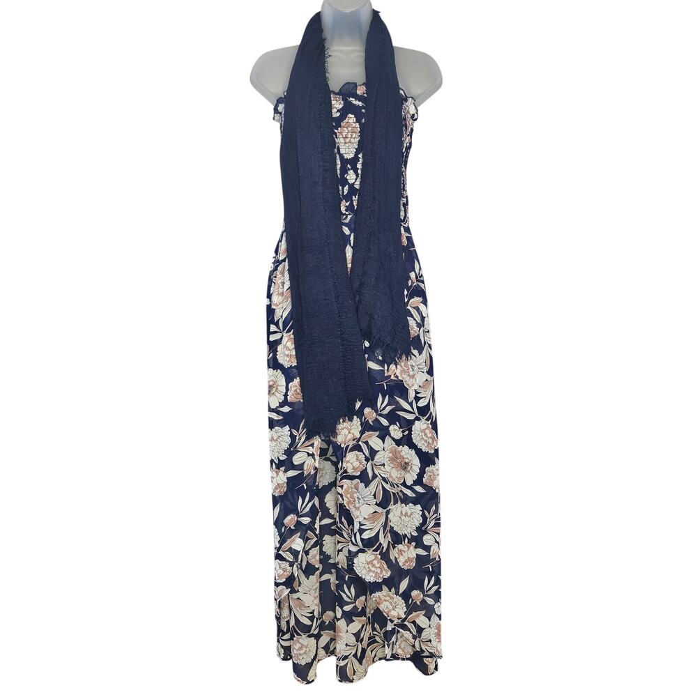 Beautiful Summer Dress Maxi w/scarf Navy VENUS -L- Fully Lined H34